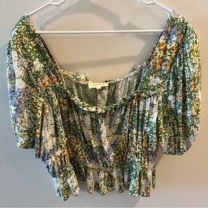 CYNTHIA ROWLEY Smocked Green Crop Top/Blouse